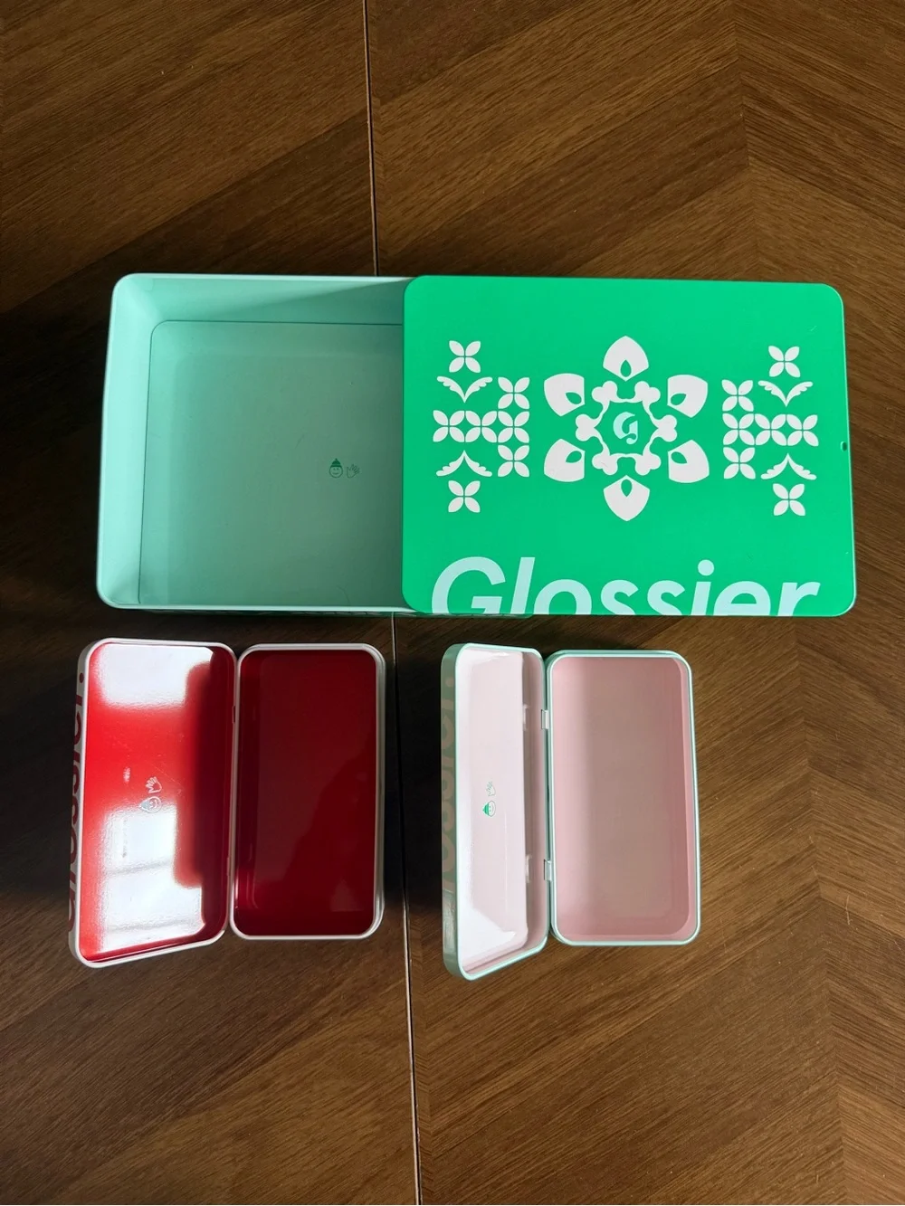 Glossier Tin Trio in Teal, Pink and Mint